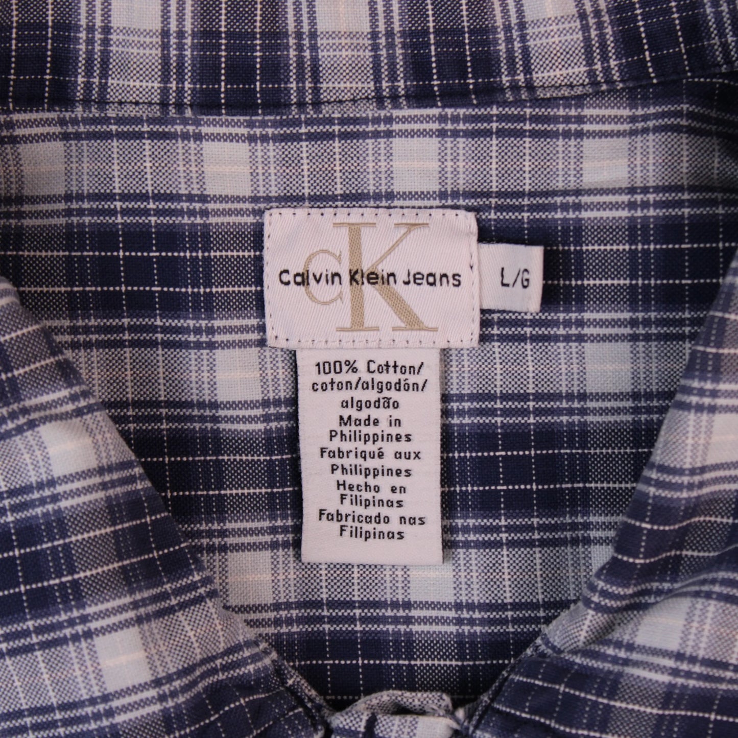 Calvin Klein Jeans - Blue & White Plaid Short Sleeve Collared Shirt - Size L