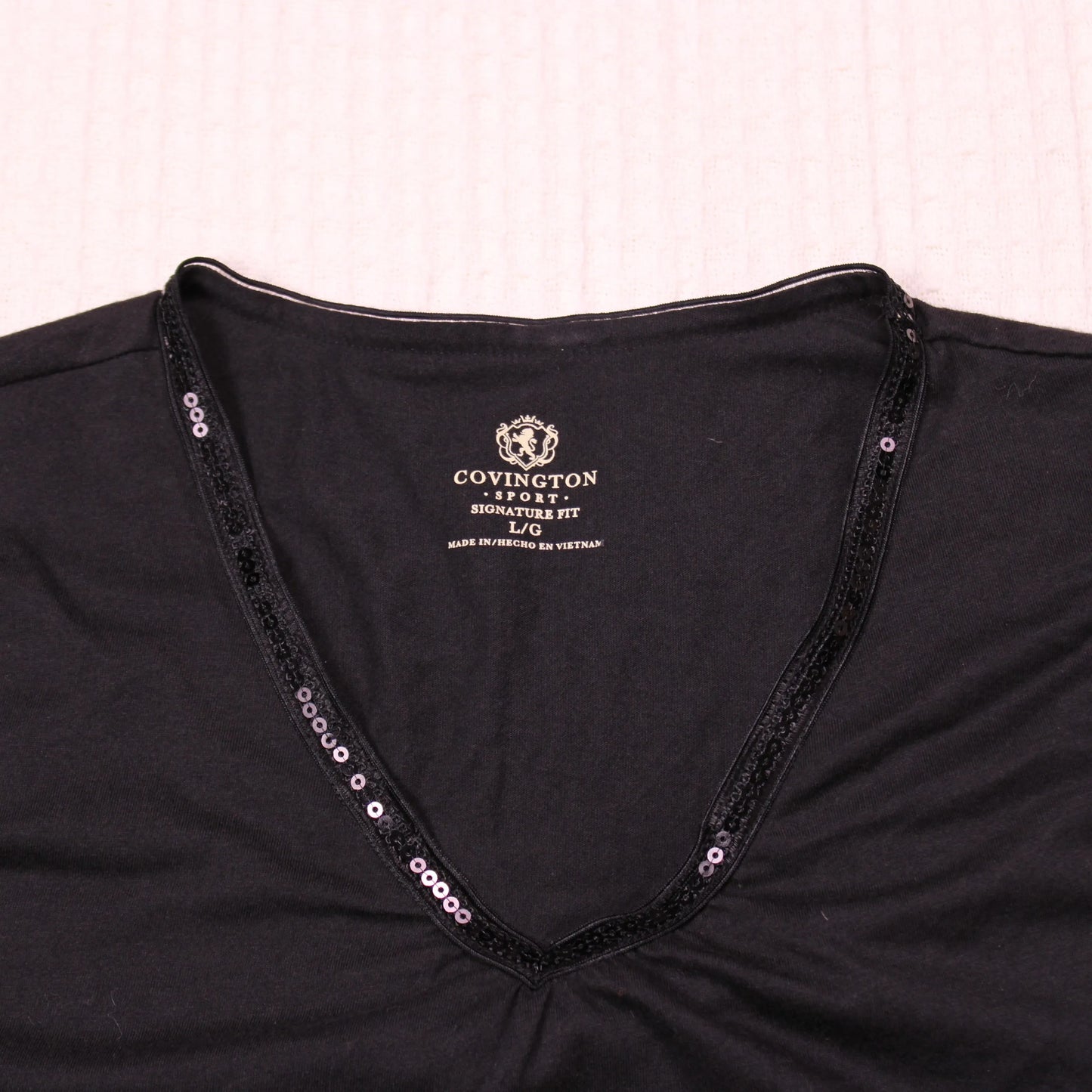 Covington Sport - Black Sequin Collared V-Neck Long-Sleeve T-shirt - Size L/G