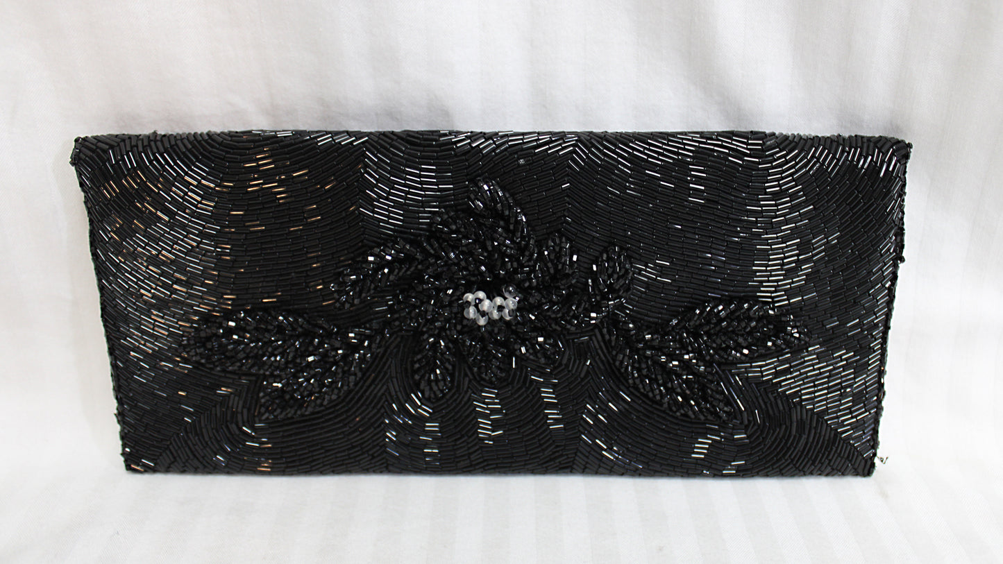 Vintage - Black Beaded Envelope Clutch Purse