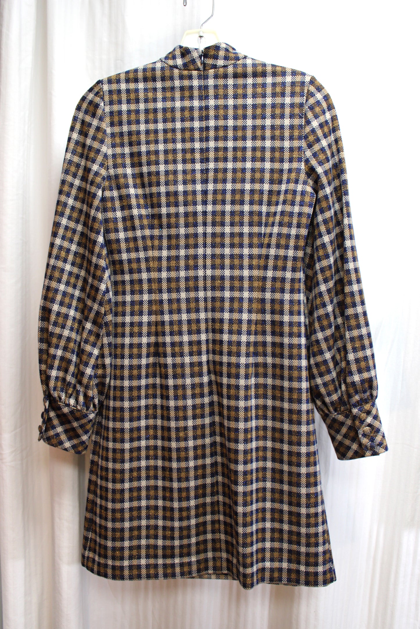 Calvin Klein - Beige, Navy & Gold w/ Metallic Fleck Plaid, Mock Neck Dress - Size 2