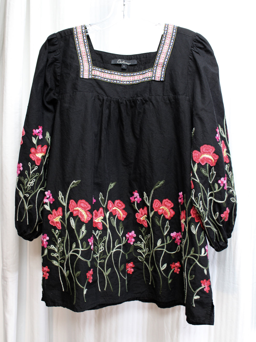 Caleooa - Black Embroidered Floral Peasant Top - Size L