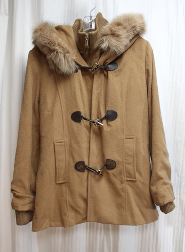 George Simonton Studio - Fawn Brown Wool Blend Hooded Coat w/ Fox Fur Trim, Gold Toggle Closures - Size 10