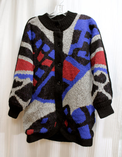 Bay Flower Knitting Co. - Chunky Black, Red, Blue & Gray Oversized Lined Sweater Coat - See Measurements 23.5