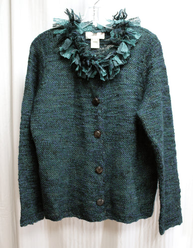 Susan Bristol - Teals, Blues & Greens Wool Blend Cardigan Button Front Sweater w/ Lace & Yarn 