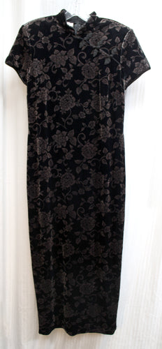 David Warren New York - Black Velvet Floral Stretch Velvet Asian/Cheongsam Dress - Size 12