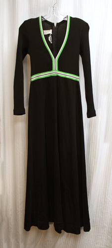 Vintage 60's/70's - Manon - Black Long Sleeve Deep V Neck Maxi Dress with White & Bright Green Trim Detail - Size 9/10 (Vintage, See Measurements)
