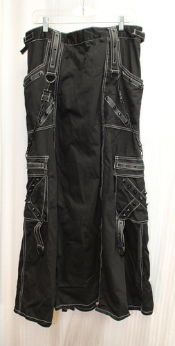 Vintage Y2K - Tripp NYC, Daang Goodman - Black w/ White Contrast Stitching, Cargo Bondage Skirt w/ Studded Pockets & Removable Chain Straps, Front Leg Slit Zips - Size XXL