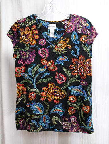 Chico's - Black & Multicolor Mosaic Print V-Neck Top - Size 0 (Chico's Sizing = S)