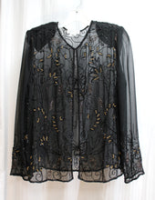 Load image into Gallery viewer, Beaded Drama (brand) Black Sheer Special Occasion Jacket w/ Black &amp; Bronze Beading - Size L