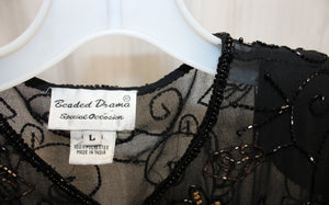 Beaded Drama (brand) Black Sheer Special Occasion Jacket w/ Black & Bronze Beading - Size L
