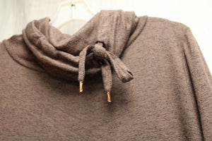 AnyBody - Heathered Taupe Brown - Drawstring Cowl Neck Long Sleeve Tiered Tunic Top - Size M