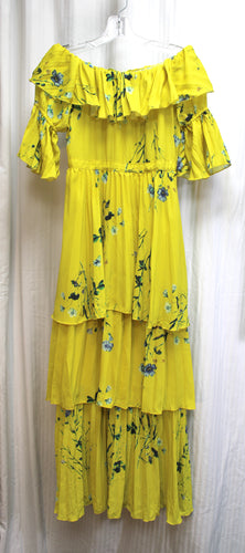 Lea Collection Classic - Yellow & Blue Floral, Romantic Ruffle Tiered Off/On Shoulder Maxi Dress - Size M
