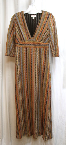 See U Soon - 1/2 Sleeve Unique Weave V-Neck Earthed Tone Maxi Dress w/ Fine Silver Metallic Threads - Size S