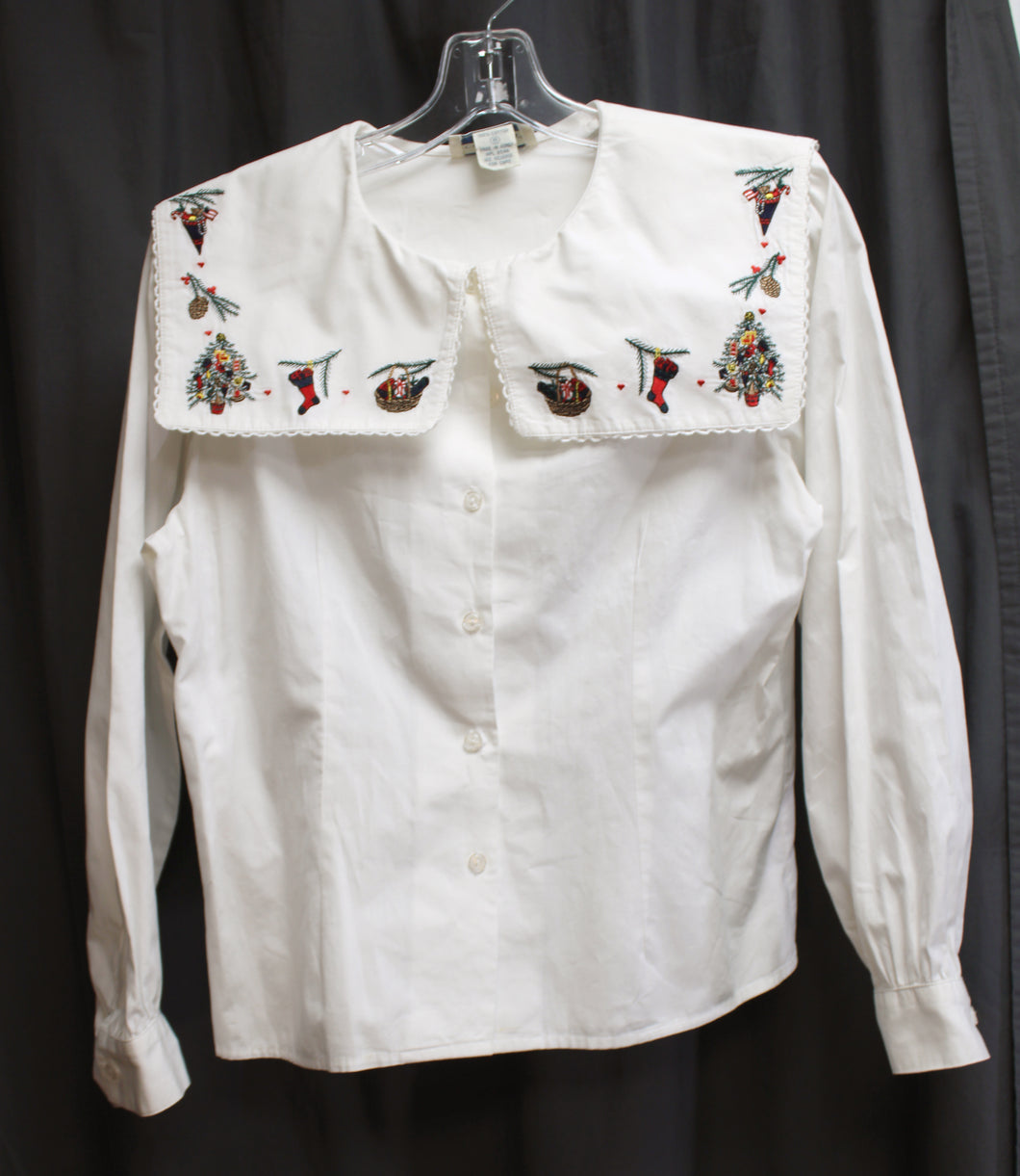 Vintage - Bryn Connelly Petite - Adorable Christmas Motif Embroidered Collar Cotton Blouse - Size 8 (Vintage See Measurements 15