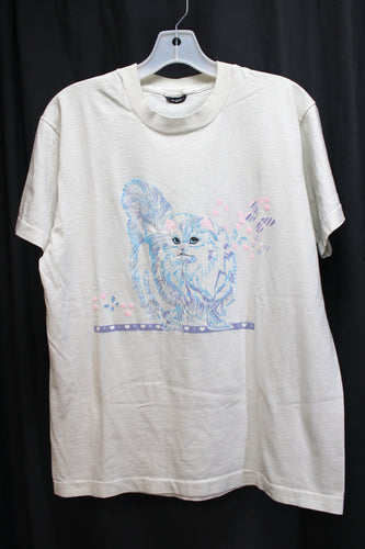 Vintage, Single Stitch - White Textured Fluffy Cat, Butterflies & Hearts - T-Shirt - Size L
