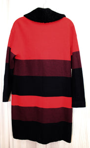 St John - Wool Blend - Red, Maroon & Black Stripe Sweater Coat - Size L