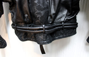 Vintage - GIII - Black Dolman Sleeve Leather Jacket w/ Contrast Snakeskin Texture Panels - Size S