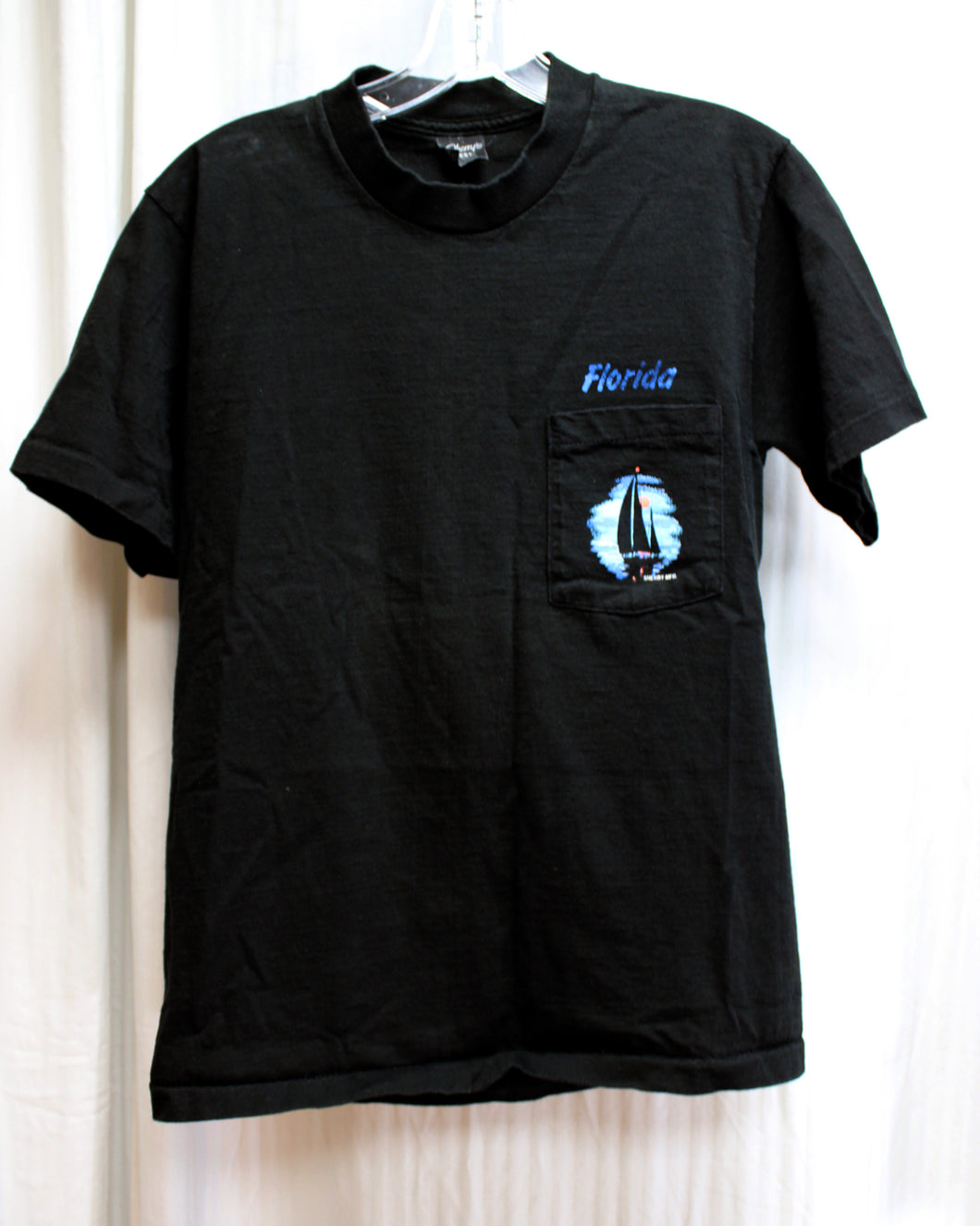 Vintage, Single Stitch - Black Florida Sailboats - 2 Sided Pocket T-Shirt - Size M