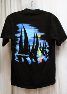 Vintage, Single Stitch - Black Florida Sailboats - 2 Sided Pocket T-Shirt - Size M