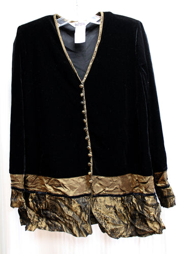 Vintage - Nina Piccalino - Black Velvet & Metallic Brown/Bronze Silk Asian Accents Fabric w/ Faux Decorative Buttons Tunic - Size 8