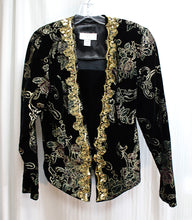 Load image into Gallery viewer, Vintage - Scott McClintock - Black Velvet w/ Metallic Gold &amp; Red &amp; Green Embossing w/ Removeable Front Modesty Panel &amp; Gold Sequins - Size 10