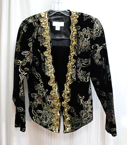 Vintage - Scott McClintock - Black Velvet w/ Metallic Gold & Red & Green Embossing w/ Removeable Front Modesty Panel & Gold Sequins - Size 10