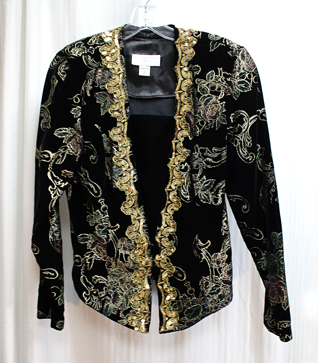 Vintage - Scott McClintock - Black Velvet w/ Metallic Gold & Red & Green Embossing w/ Removeable Front Modesty Panel & Gold Sequins - Size 10