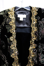 Load image into Gallery viewer, Vintage - Scott McClintock - Black Velvet w/ Metallic Gold &amp; Red &amp; Green Embossing w/ Removeable Front Modesty Panel &amp; Gold Sequins - Size 10