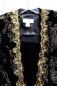 Vintage - Scott McClintock - Black Velvet w/ Metallic Gold & Red & Green Embossing w/ Removeable Front Modesty Panel & Gold Sequins - Size 10