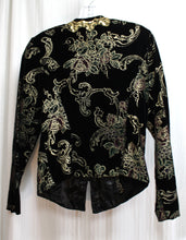 Load image into Gallery viewer, Vintage - Scott McClintock - Black Velvet w/ Metallic Gold &amp; Red &amp; Green Embossing w/ Removeable Front Modesty Panel &amp; Gold Sequins - Size 10