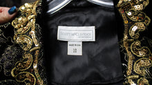 Load image into Gallery viewer, Vintage - Scott McClintock - Black Velvet w/ Metallic Gold &amp; Red &amp; Green Embossing w/ Removeable Front Modesty Panel &amp; Gold Sequins - Size 10