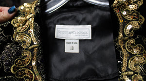 Vintage - Scott McClintock - Black Velvet w/ Metallic Gold & Red & Green Embossing w/ Removeable Front Modesty Panel & Gold Sequins - Size 10