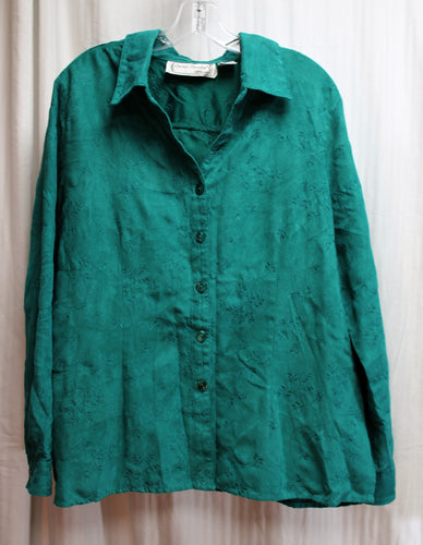 Vintage - Sarah Bentley - Green Faux Suede, All Over Embroidered Button Front Shirt - Size XL