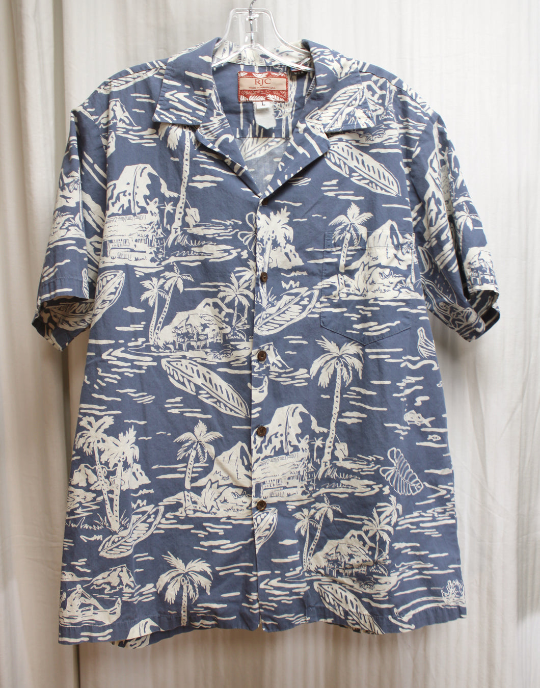 Men's- Vintage RJC- Blue Gray Island Motif Hawaiian Shirt - Size L