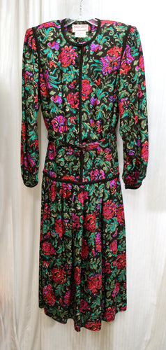 Vintage - Maggy London by Jeannene Booher - 100% Silk, Black Floral Dress w/ Black Loop Braid Trim & Matching Belt - Size 6