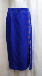 Vintage Sams- 2 PC - 100% Wool Bright Blue w/ Pink, Yellow & Orange Plaid w/ Silver Threads Cropped Blazer & Matching Long Skirt - Size 9 (VINTAGE SIZING- SEE MEASUREMENTS)