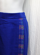 Load image into Gallery viewer, Vintage Sams- 2 PC - 100% Wool Bright Blue w/ Pink, Yellow &amp; Orange Plaid w/ Silver Threads Cropped Blazer &amp; Matching Long Skirt - Size 9 (VINTAGE SIZING- SEE MEASUREMENTS)