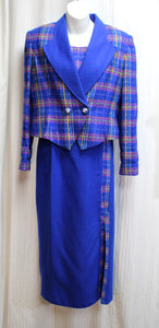 Vintage Sams- 2 PC - 100% Wool Bright Blue w/ Pink, Yellow & Orange Plaid w/ Silver Threads Cropped Blazer & Matching Long Skirt - Size 9 (VINTAGE SIZING- SEE MEASUREMENTS)