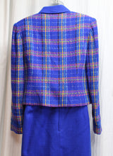 Load image into Gallery viewer, Vintage Sams- 2 PC - 100% Wool Bright Blue w/ Pink, Yellow &amp; Orange Plaid w/ Silver Threads Cropped Blazer &amp; Matching Long Skirt - Size 9 (VINTAGE SIZING- SEE MEASUREMENTS)