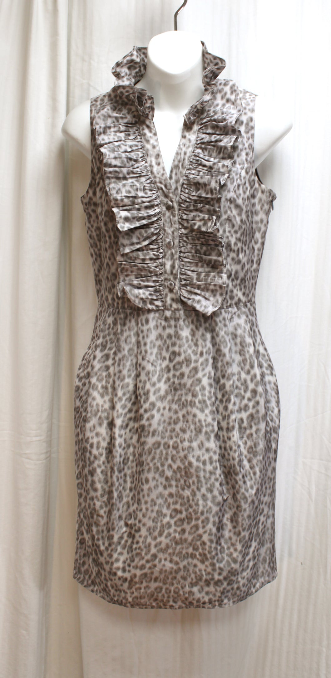 Marc New York, Andrew Marc - High Ruffle V Neckline, Sleeveless Gray Leopard Print Dress - Size 2