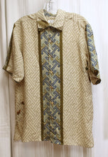 Load image into Gallery viewer, Men&#39;s- Citron, Santa Monica - 100% Silk, Asian Geometric w/ Crane &amp; Butterflies (back) Button Front Front Short Sleeve Shirt - Size S
