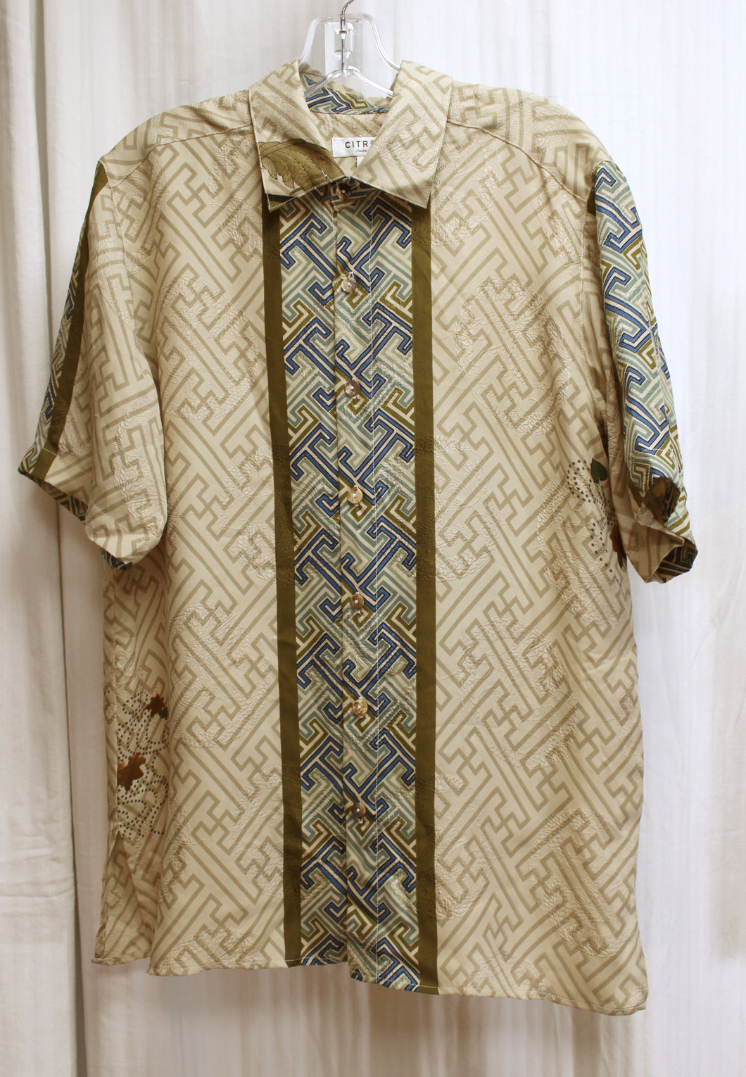Men's- Citron, Santa Monica - 100% Silk, Asian Geometric w/ Crane & Butterflies (back) Button Front Front Short Sleeve Shirt - Size S