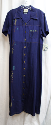 Vintage, Deadstock -Blue Cactus - Indigo Blue Art to Wear Button Front Maxi Dress - Size L (w/ Tags)