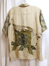 Load image into Gallery viewer, Men&#39;s- Citron, Santa Monica - 100% Silk, Asian Geometric w/ Crane &amp; Butterflies (back) Button Front Front Short Sleeve Shirt - Size S