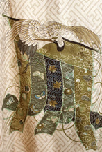 Load image into Gallery viewer, Men&#39;s- Citron, Santa Monica - 100% Silk, Asian Geometric w/ Crane &amp; Butterflies (back) Button Front Front Short Sleeve Shirt - Size S