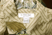 Load image into Gallery viewer, Men&#39;s- Citron, Santa Monica - 100% Silk, Asian Geometric w/ Crane &amp; Butterflies (back) Button Front Front Short Sleeve Shirt - Size S