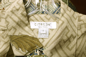 Men's- Citron, Santa Monica - 100% Silk, Asian Geometric w/ Crane & Butterflies (back) Button Front Front Short Sleeve Shirt - Size S