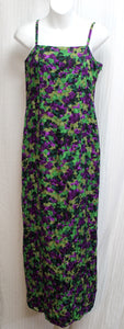 Vintage- Madame Blanche - 2PC Greens & Purple Abstract Floral Spaghetti Strap Dress w/ Matching Jacket - Size 9 (SEE MEASUREMENTS)