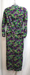 Vintage- Madame Blanche - 2PC Greens & Purple Abstract Floral Spaghetti Strap Dress w/ Matching Jacket - Size 9 (SEE MEASUREMENTS)