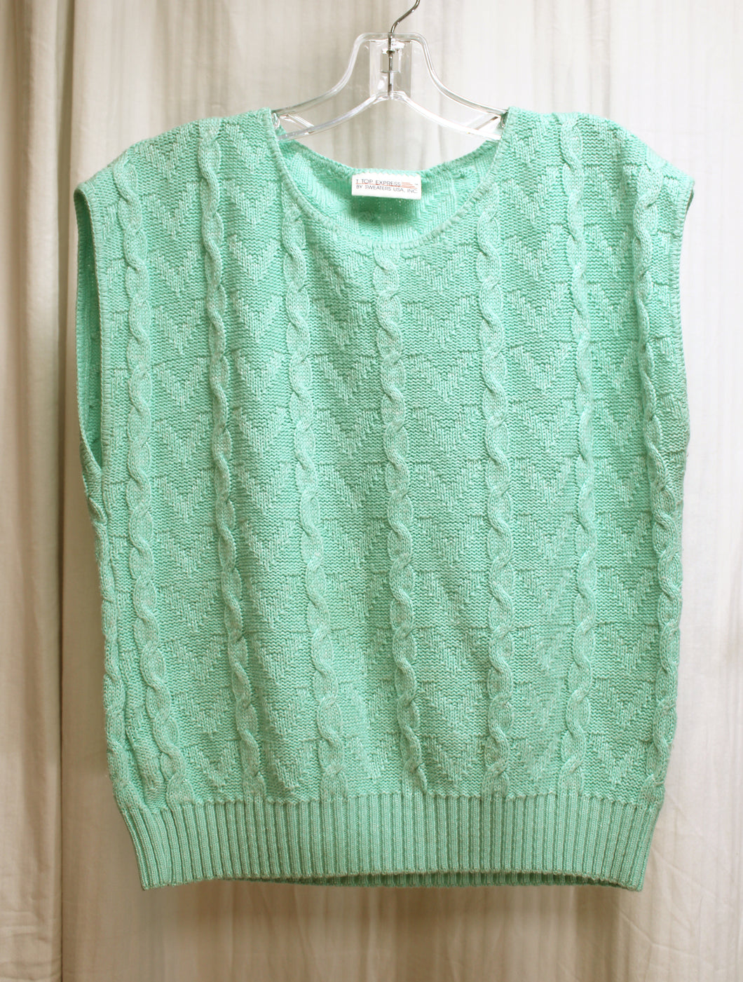 Vintage - T Top Express by Sweaters USA - Pastel Mint Green - Pullover Cable Knit Sweater Vest - Size M